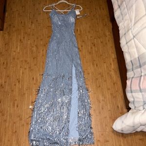 Beautiful baby blue corset back sequin prom dress with slit